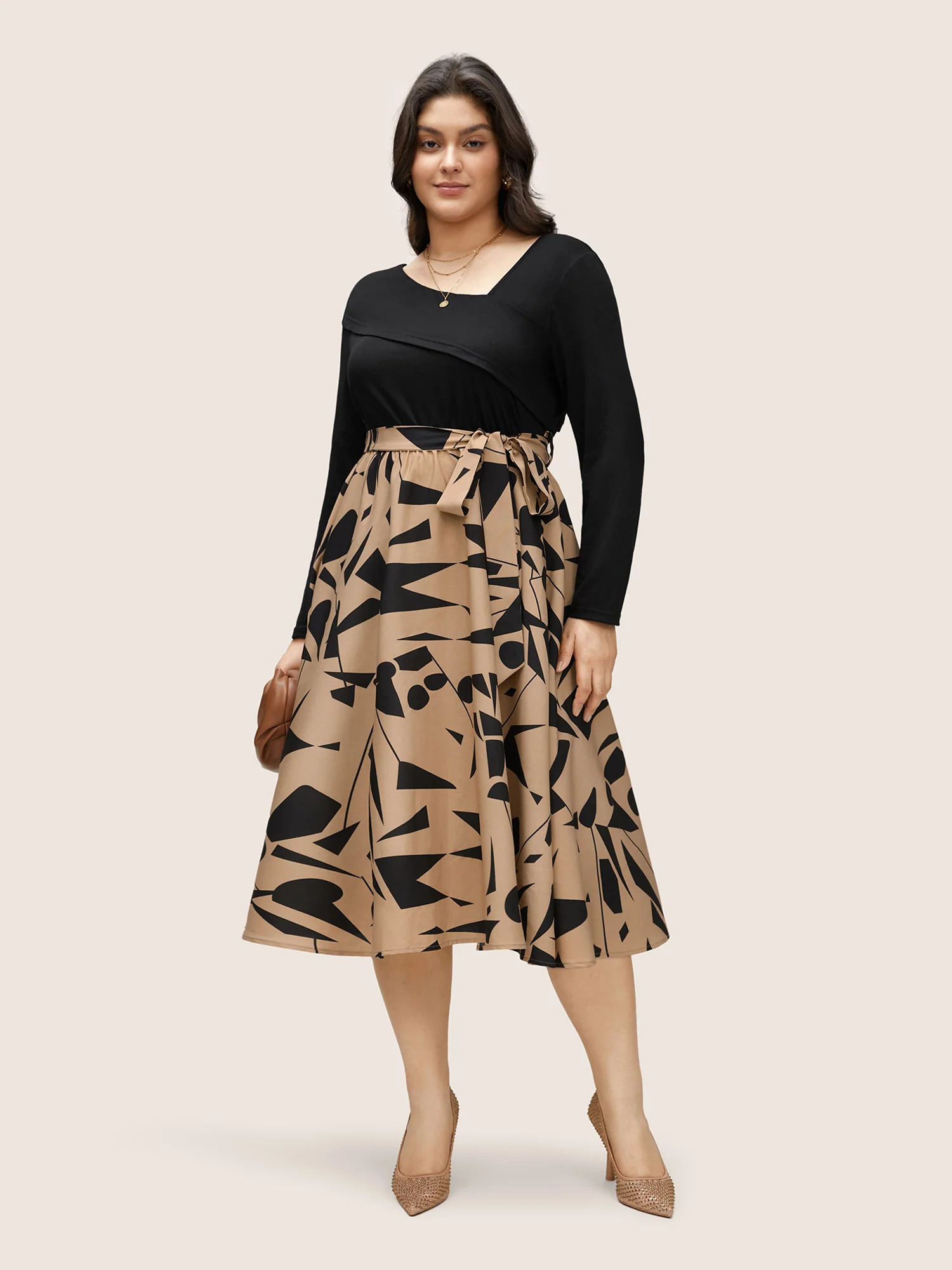 Geometric Contrast Patchwork Asymmetrical Neck Belted Dress