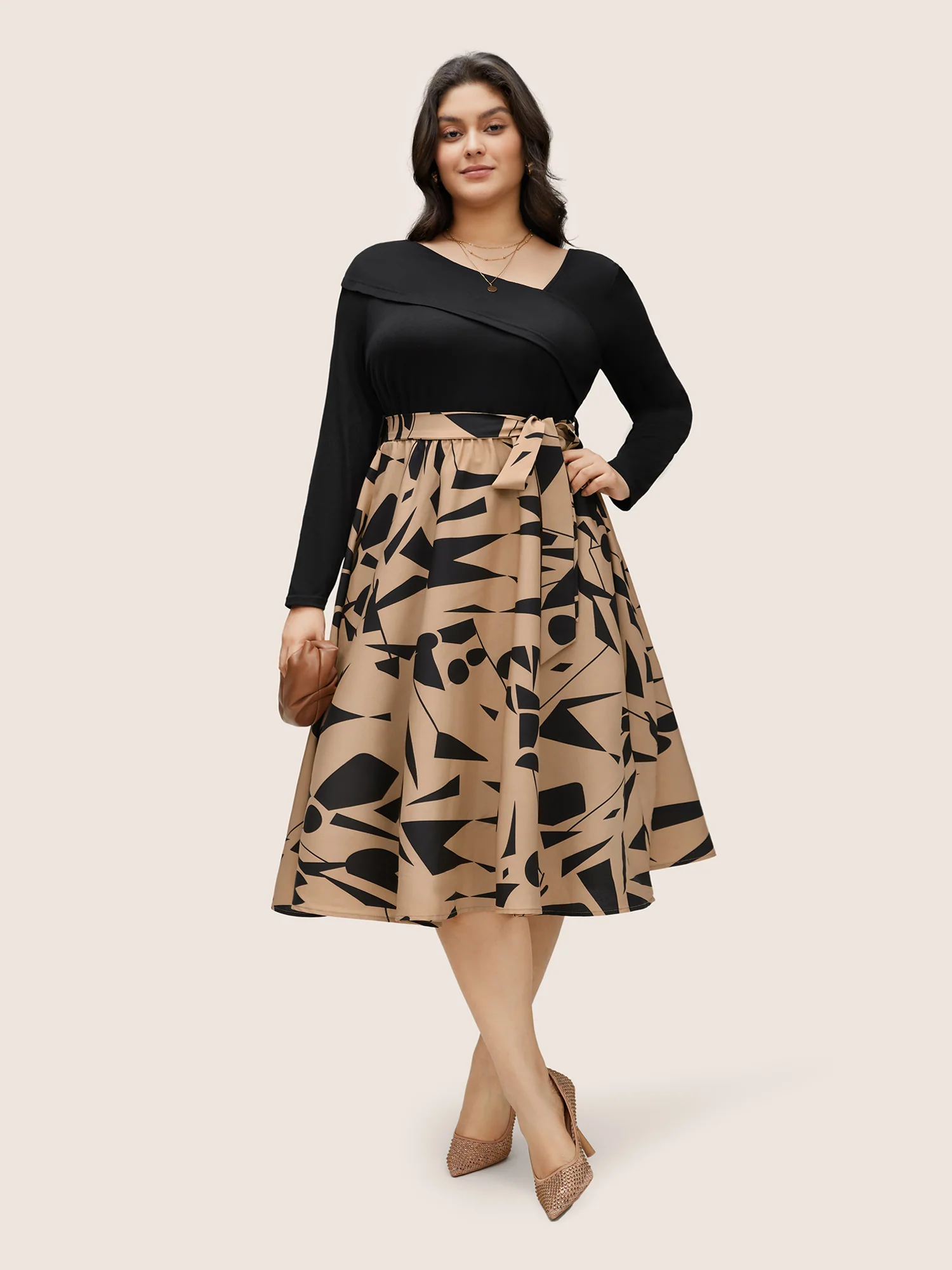 Geometric Contrast Patchwork Asymmetrical Neck Belted Dress - Image 2