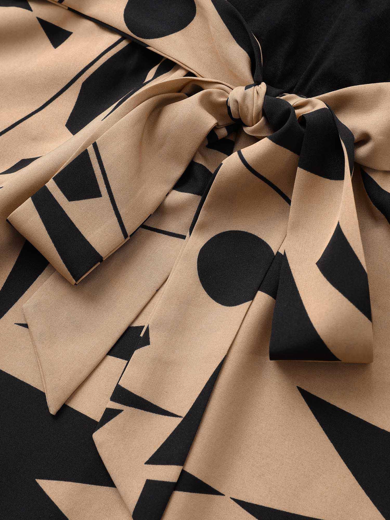 Geometric Contrast Patchwork Asymmetrical Neck Belted Dress - Image 6