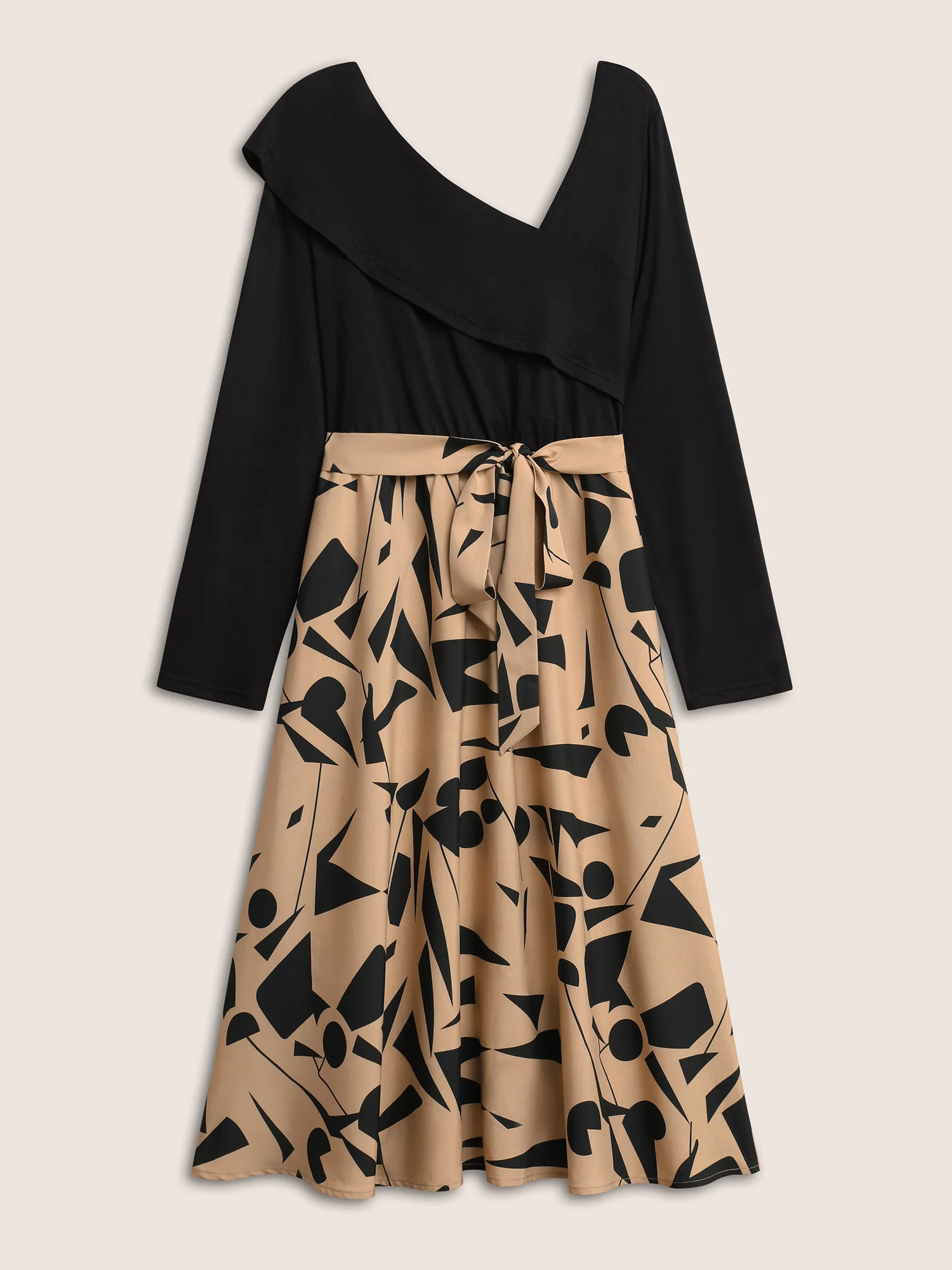 Geometric Contrast Patchwork Asymmetrical Neck Belted Dress - Image 7