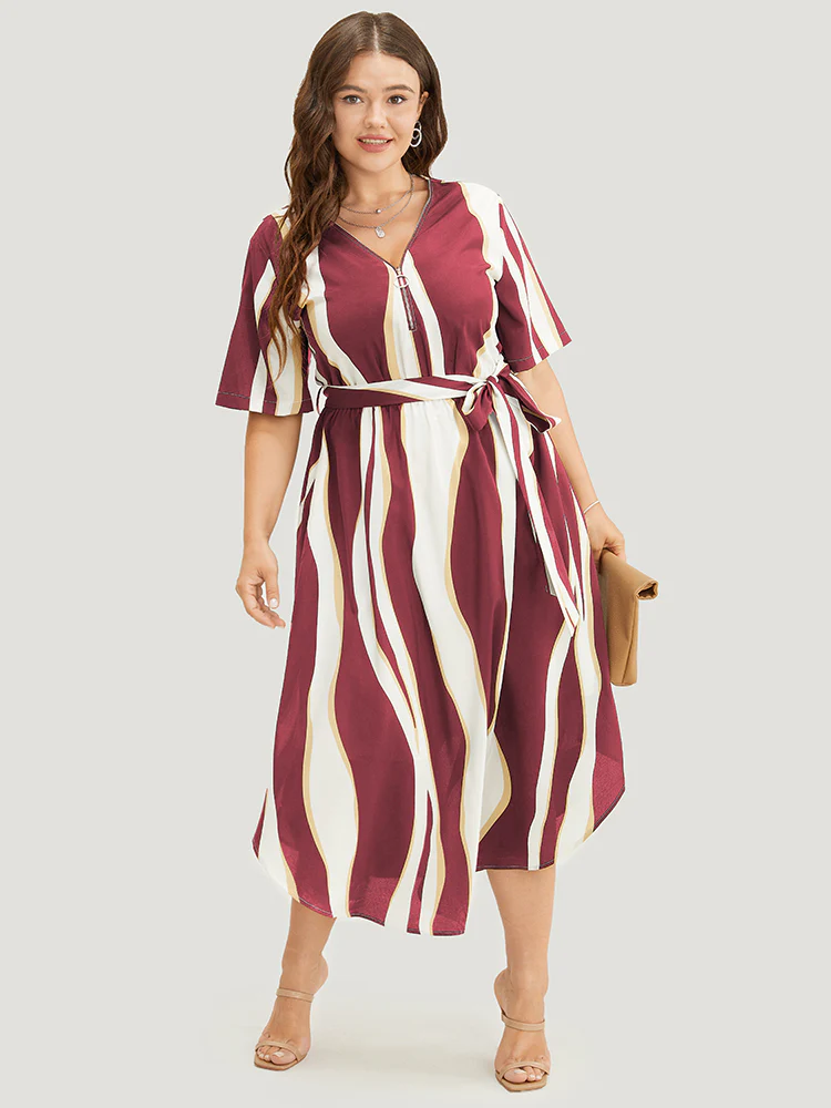 Geometric Contrast Pocket Ruffle Belt Half Zipper Arc Hem Dress - Image 2