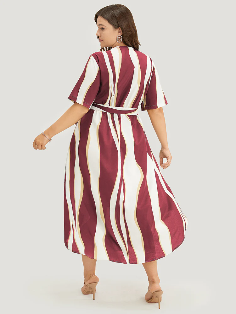 Geometric Contrast Pocket Ruffle Belt Half Zipper Arc Hem Dress - Image 3