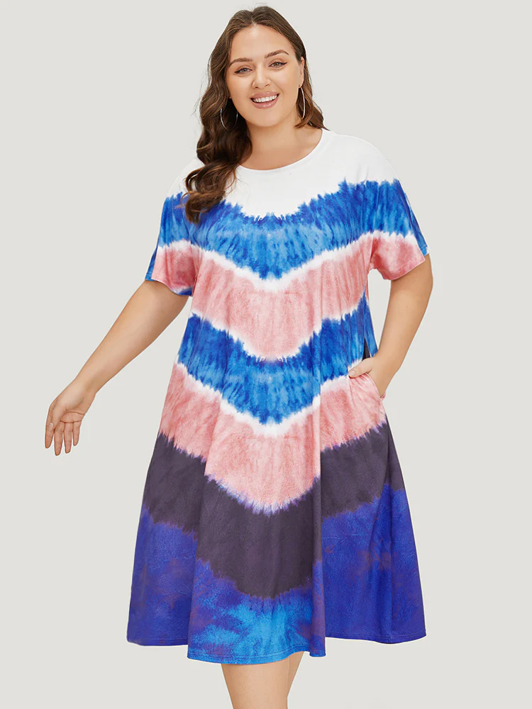 Geometric Contrast Pocket Tie Dye Midi Dress - Image 2