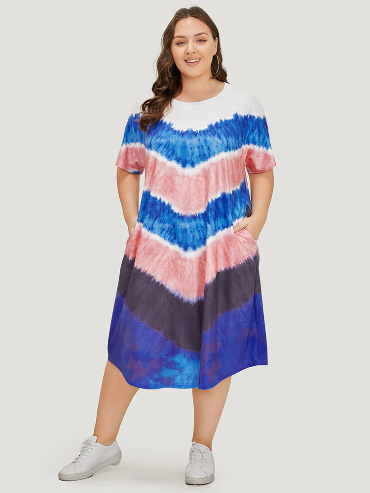 Geometric Contrast Pocket Tie Dye Midi Dress - Image 3