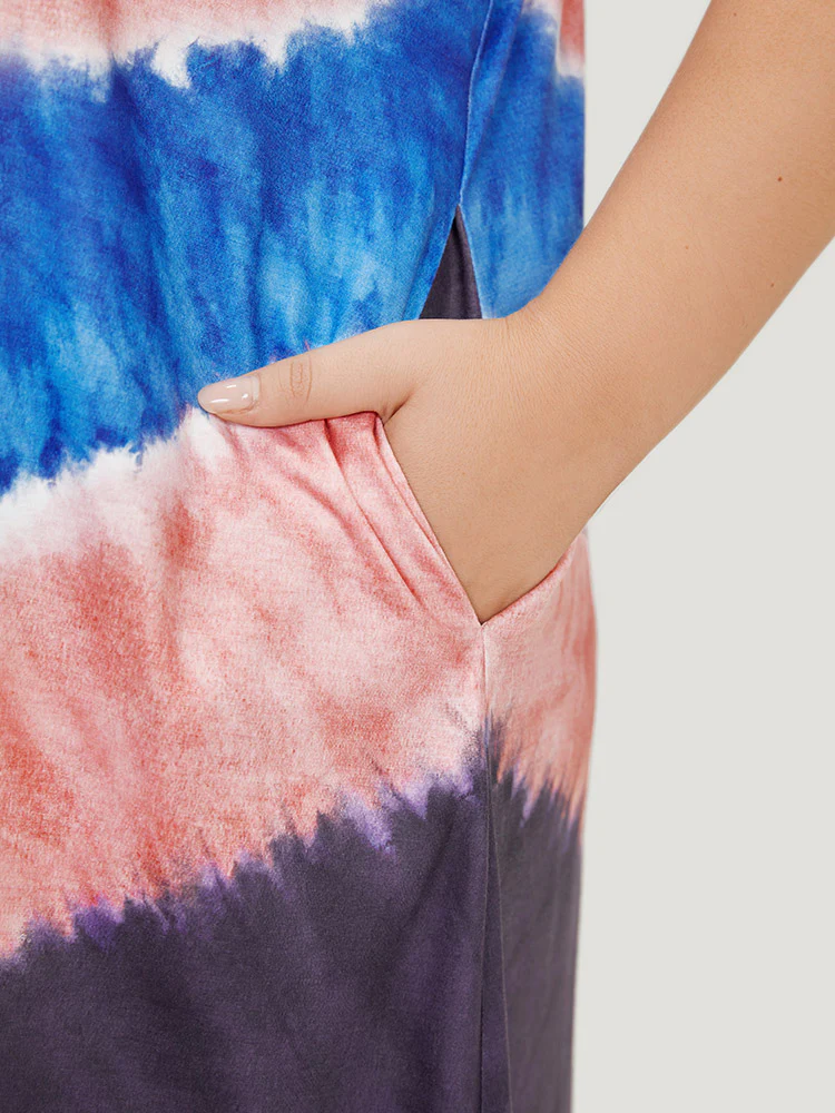 Geometric Contrast Pocket Tie Dye Midi Dress - Image 8