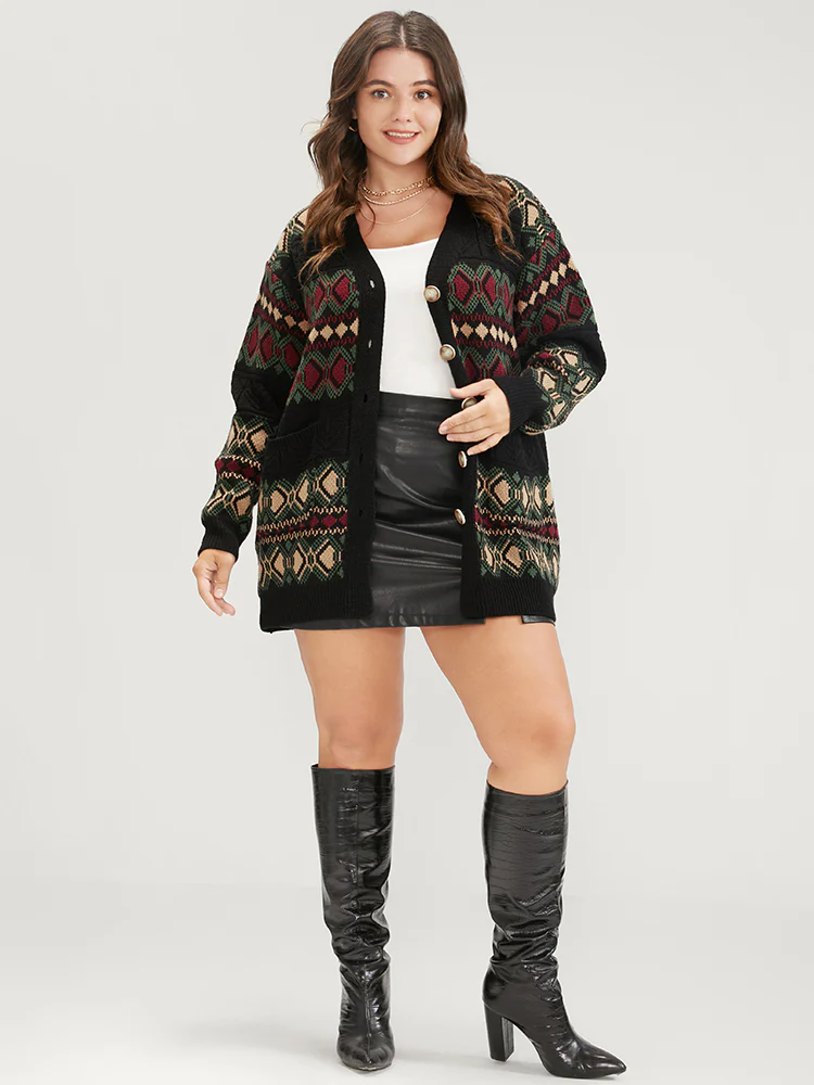 Geometric Contrast Pointelle Knit Pocket Jacquard Button Front Cardigan - Image 2