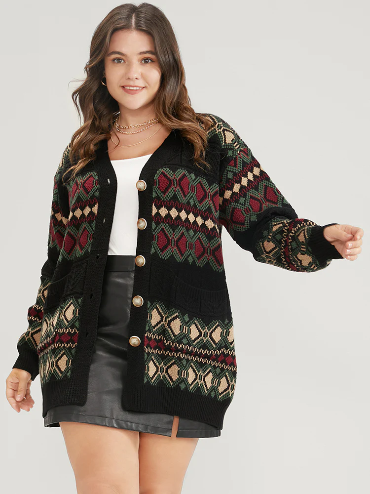 Geometric Contrast Pointelle Knit Pocket Jacquard Button Front Cardigan - Image 3
