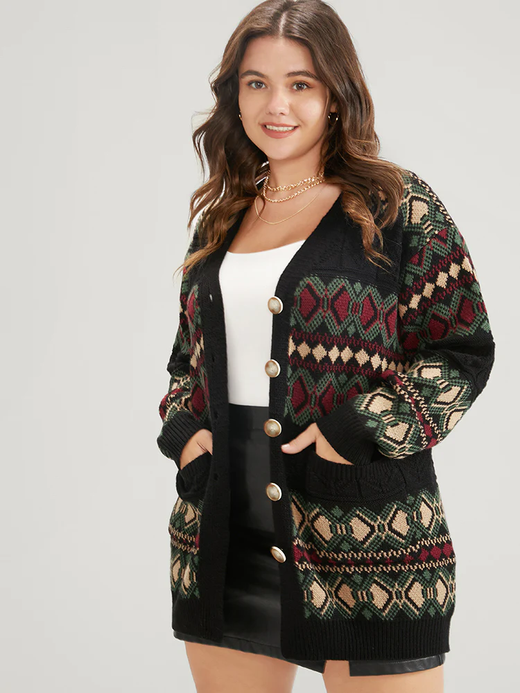 Geometric Contrast Pointelle Knit Pocket Jacquard Button Front Cardigan - Image 4