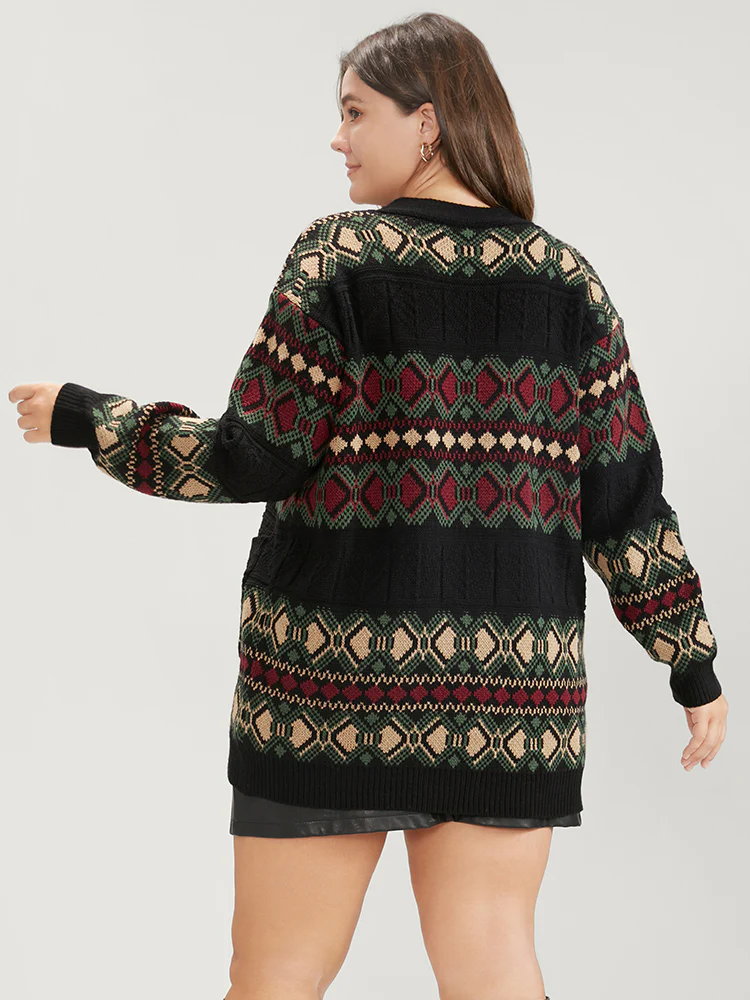 Geometric Contrast Pointelle Knit Pocket Jacquard Button Front Cardigan - Image 5