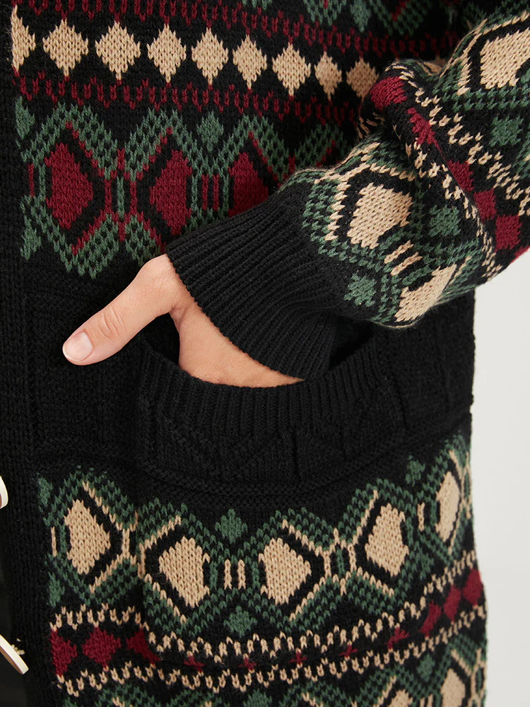 Geometric Contrast Pointelle Knit Pocket Jacquard Button Front Cardigan - Image 6
