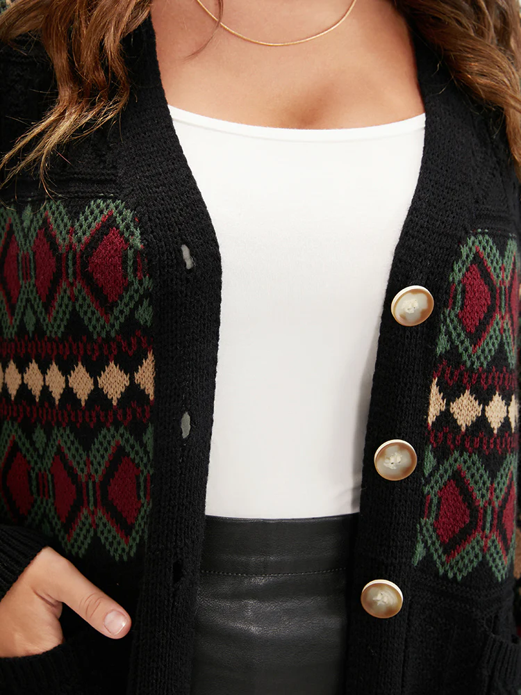 Geometric Contrast Pointelle Knit Pocket Jacquard Button Front Cardigan - Image 7