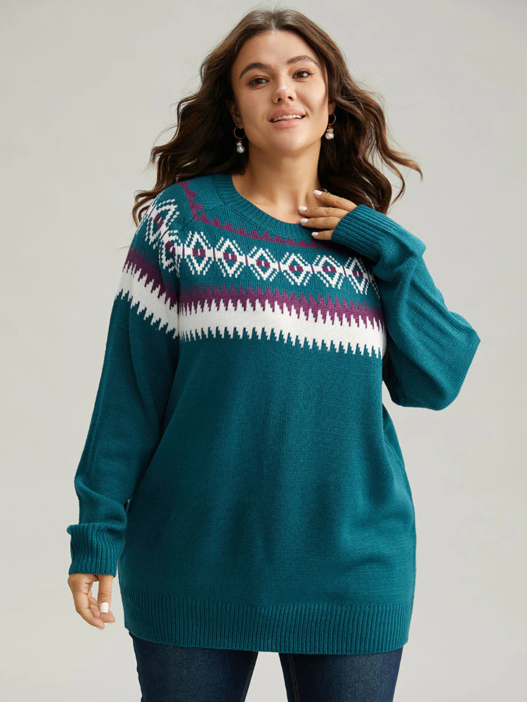 Geometric Contrast Raglan Sleeve Pullover - Image 2