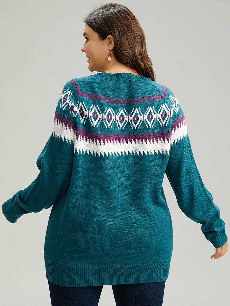 Geometric Contrast Raglan Sleeve Pullover - Image 3