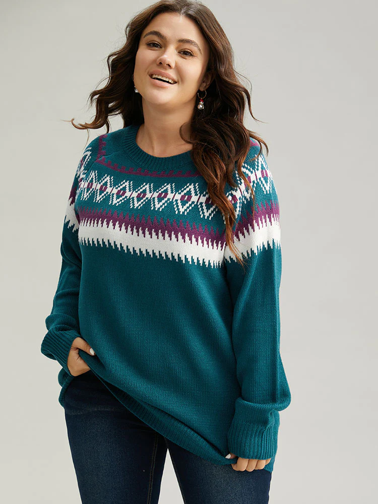 Geometric Contrast Raglan Sleeve Pullover - Image 4