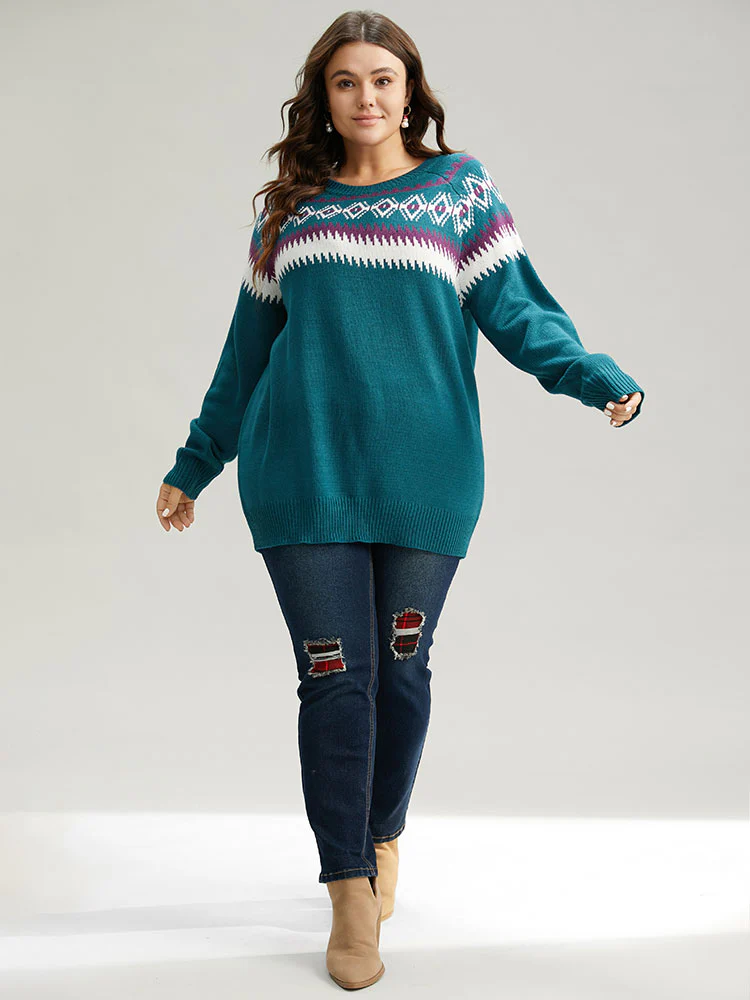 Geometric Contrast Raglan Sleeve Pullover - Image 5
