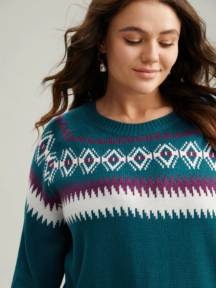 Geometric Contrast Raglan Sleeve Pullover - Image 6
