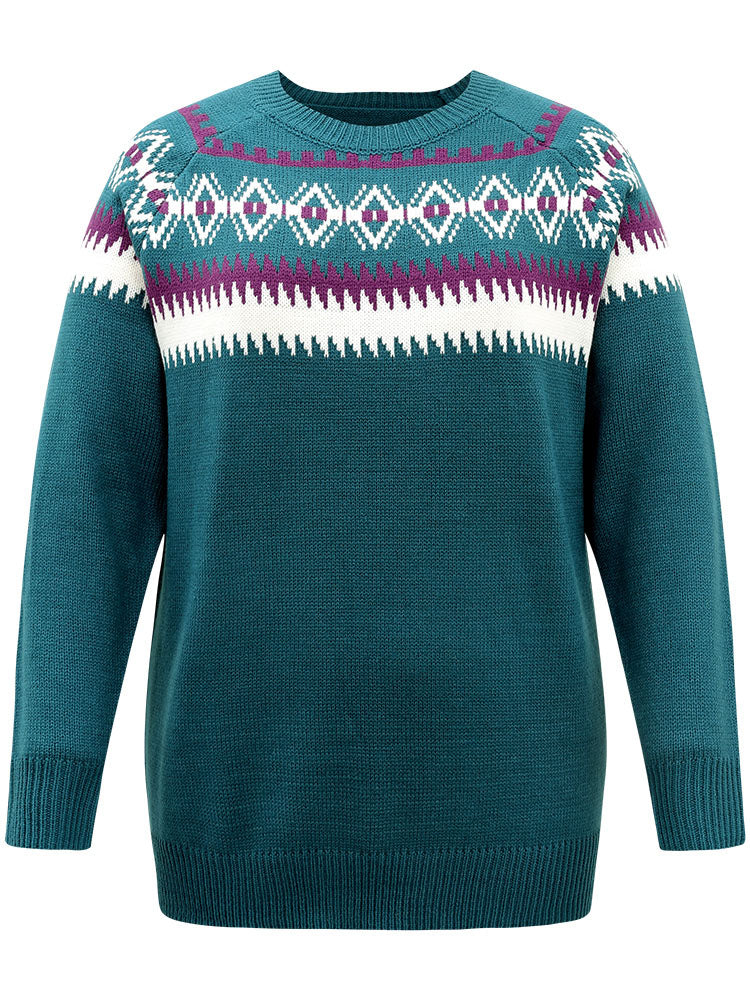 Geometric Contrast Raglan Sleeve Pullover - Image 7