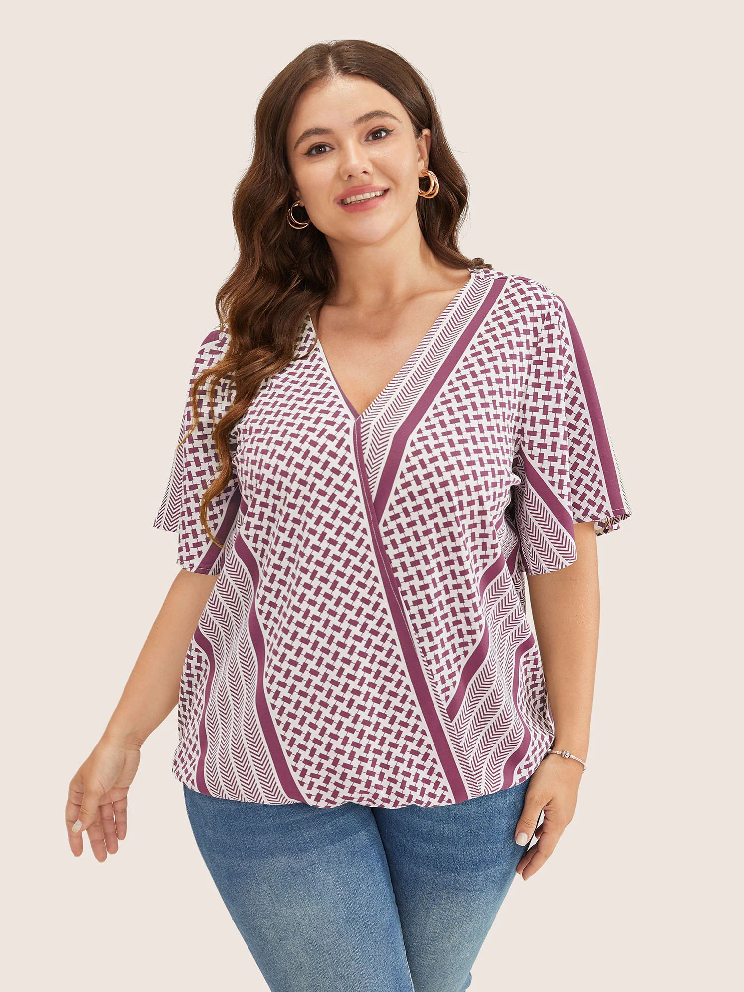 Geometric Contrast Ruffle Sleeve Wrap Blouse - Image 14