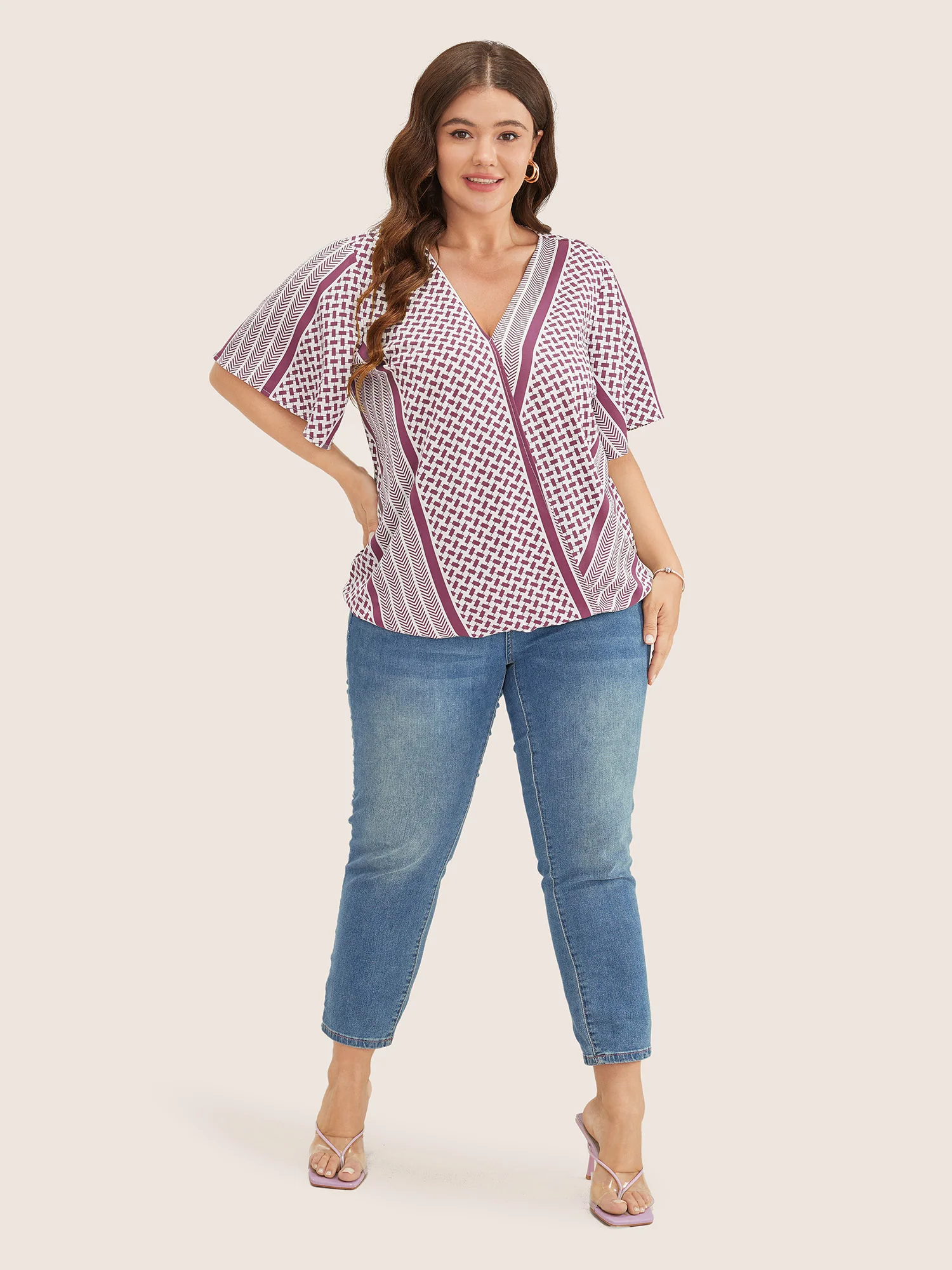 Geometric Contrast Ruffle Sleeve Wrap Blouse - Image 15