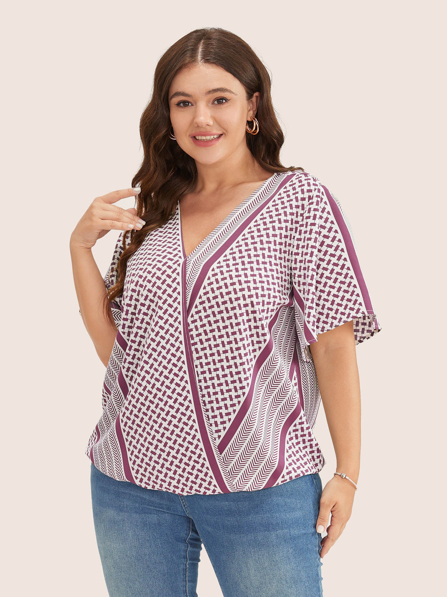 Geometric Contrast Ruffle Sleeve Wrap Blouse - Image 16