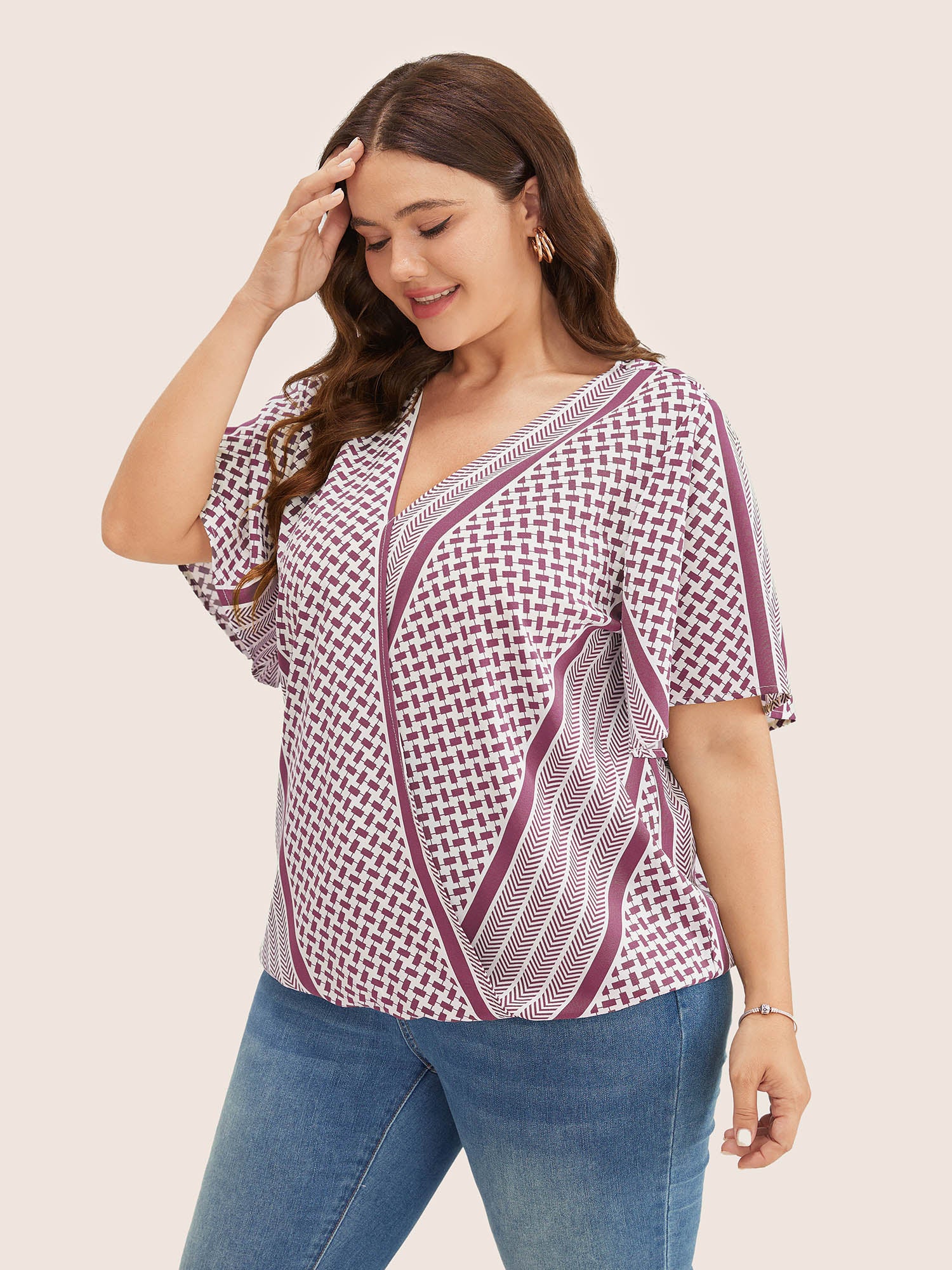 Geometric Contrast Ruffle Sleeve Wrap Blouse - Image 17