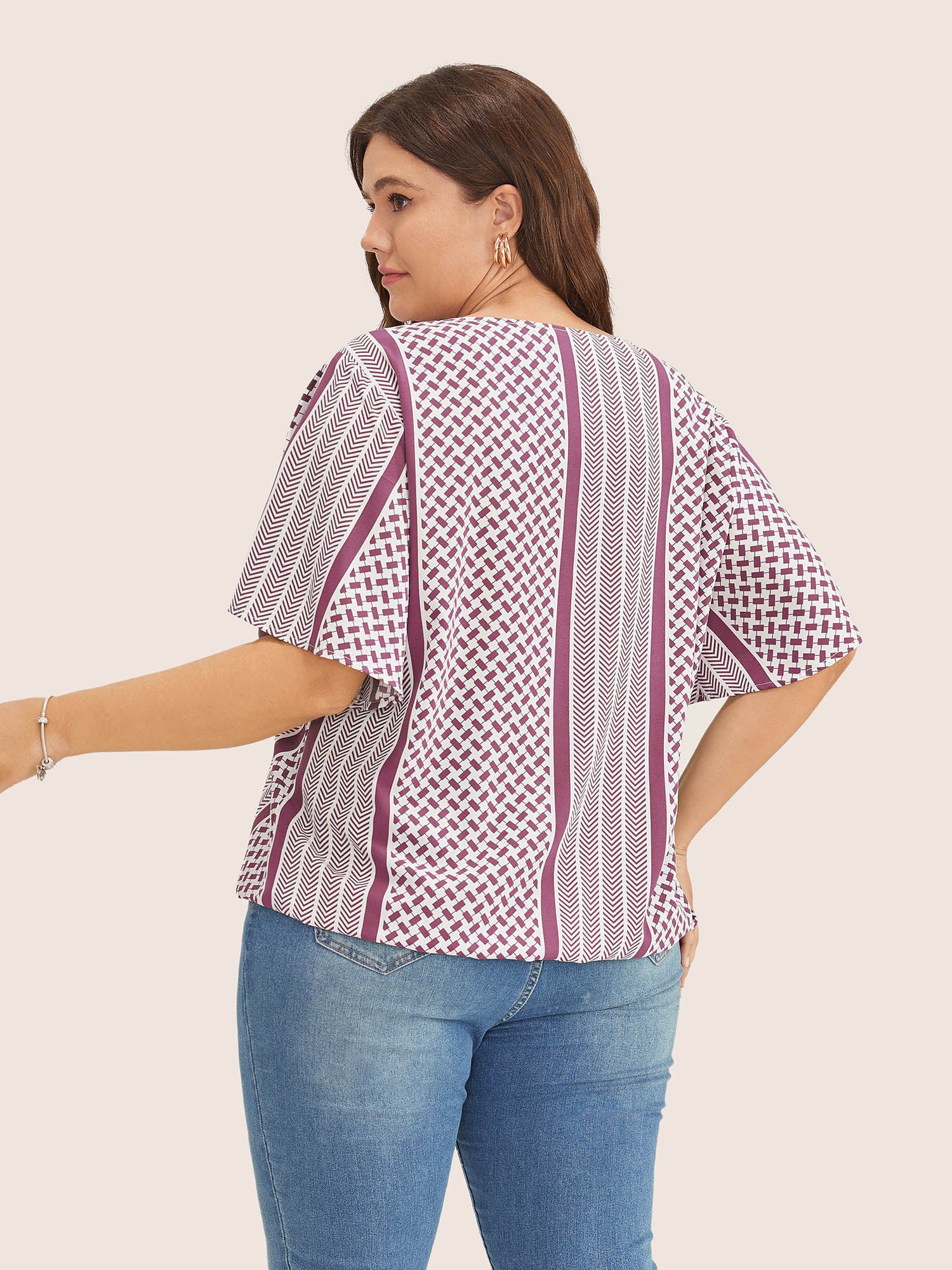 Geometric Contrast Ruffle Sleeve Wrap Blouse - Image 18
