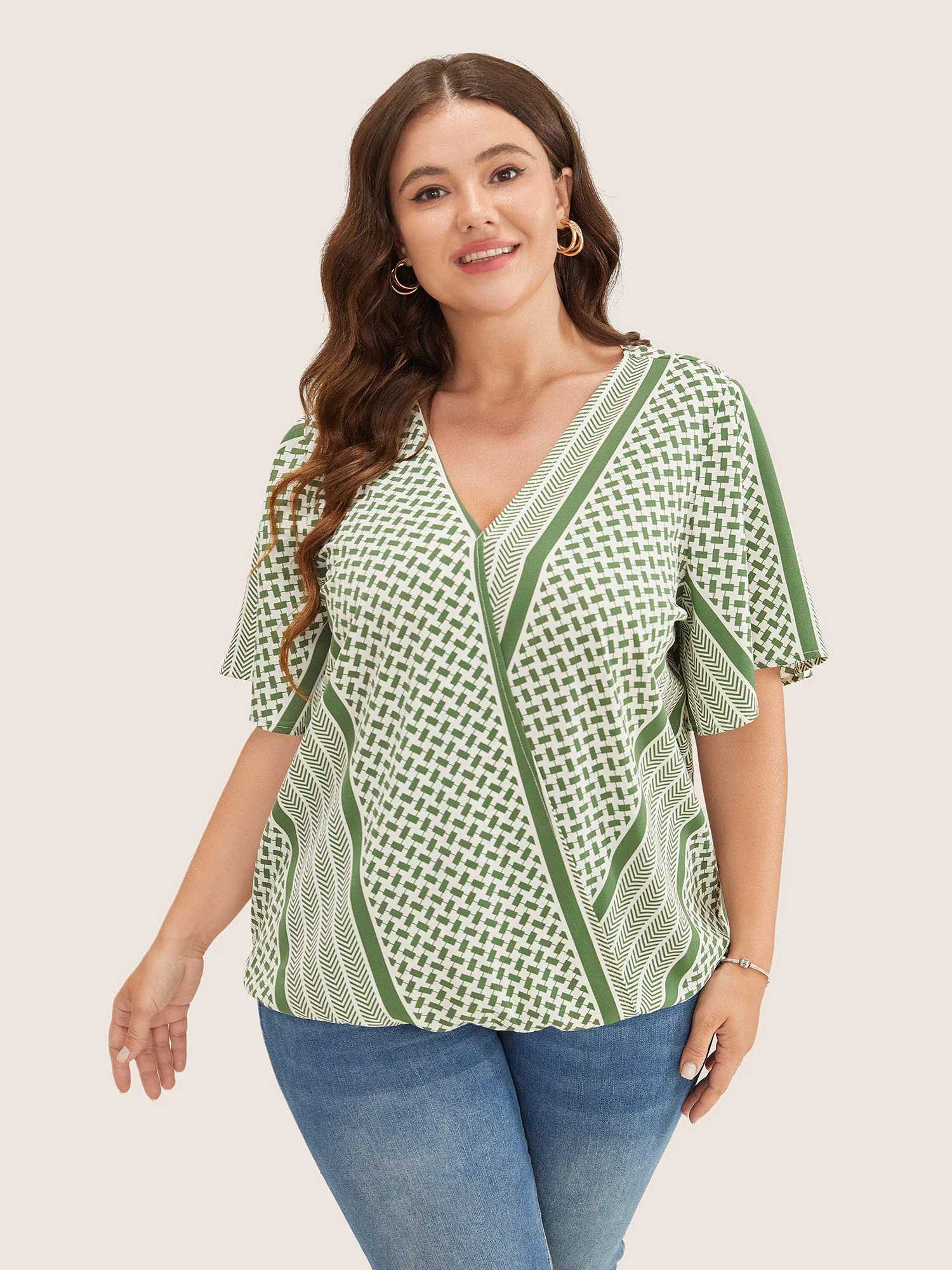 Geometric Contrast Ruffle Sleeve Wrap Blouse - Image 6