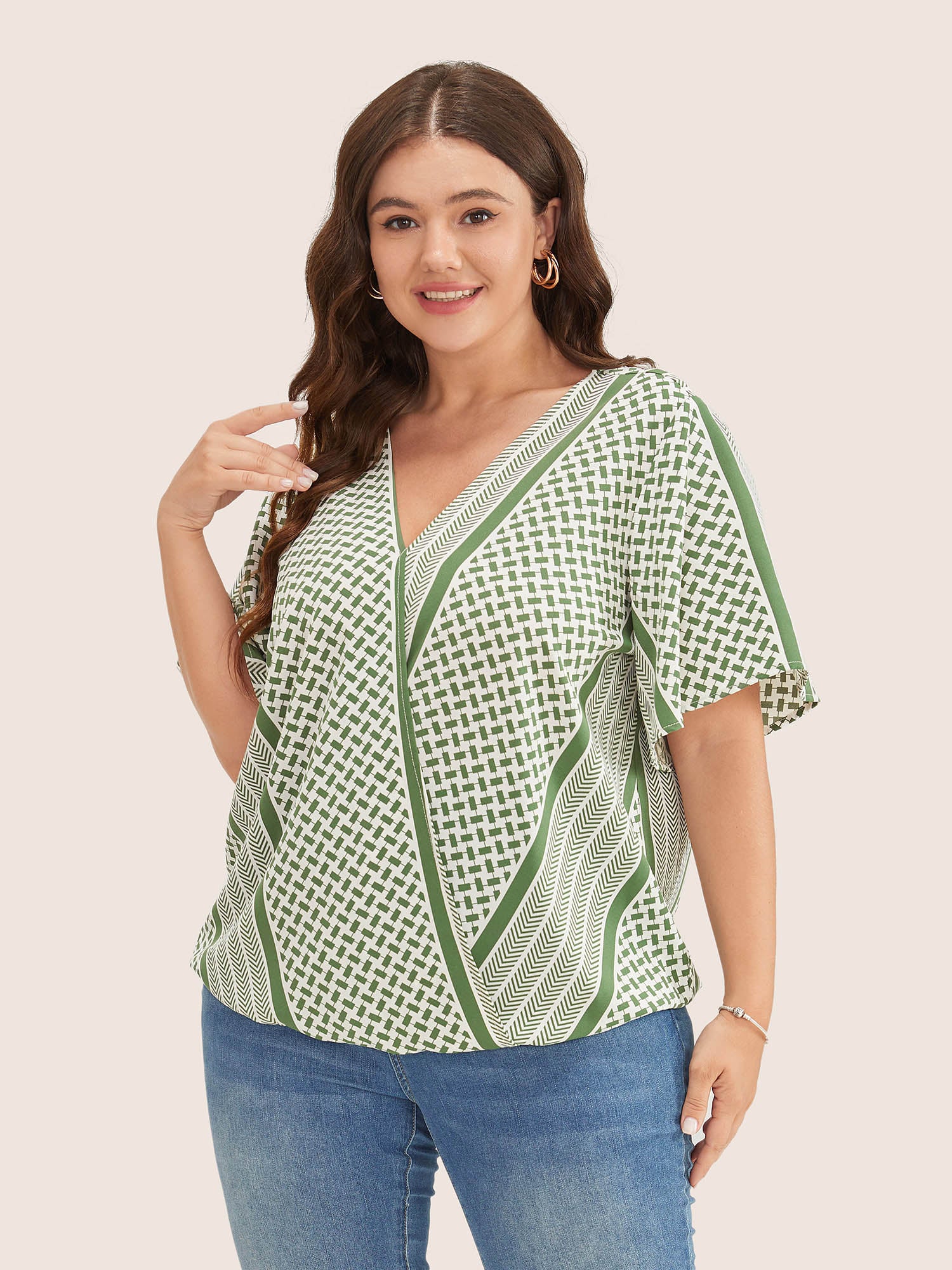Geometric Contrast Ruffle Sleeve Wrap Blouse - Image 7