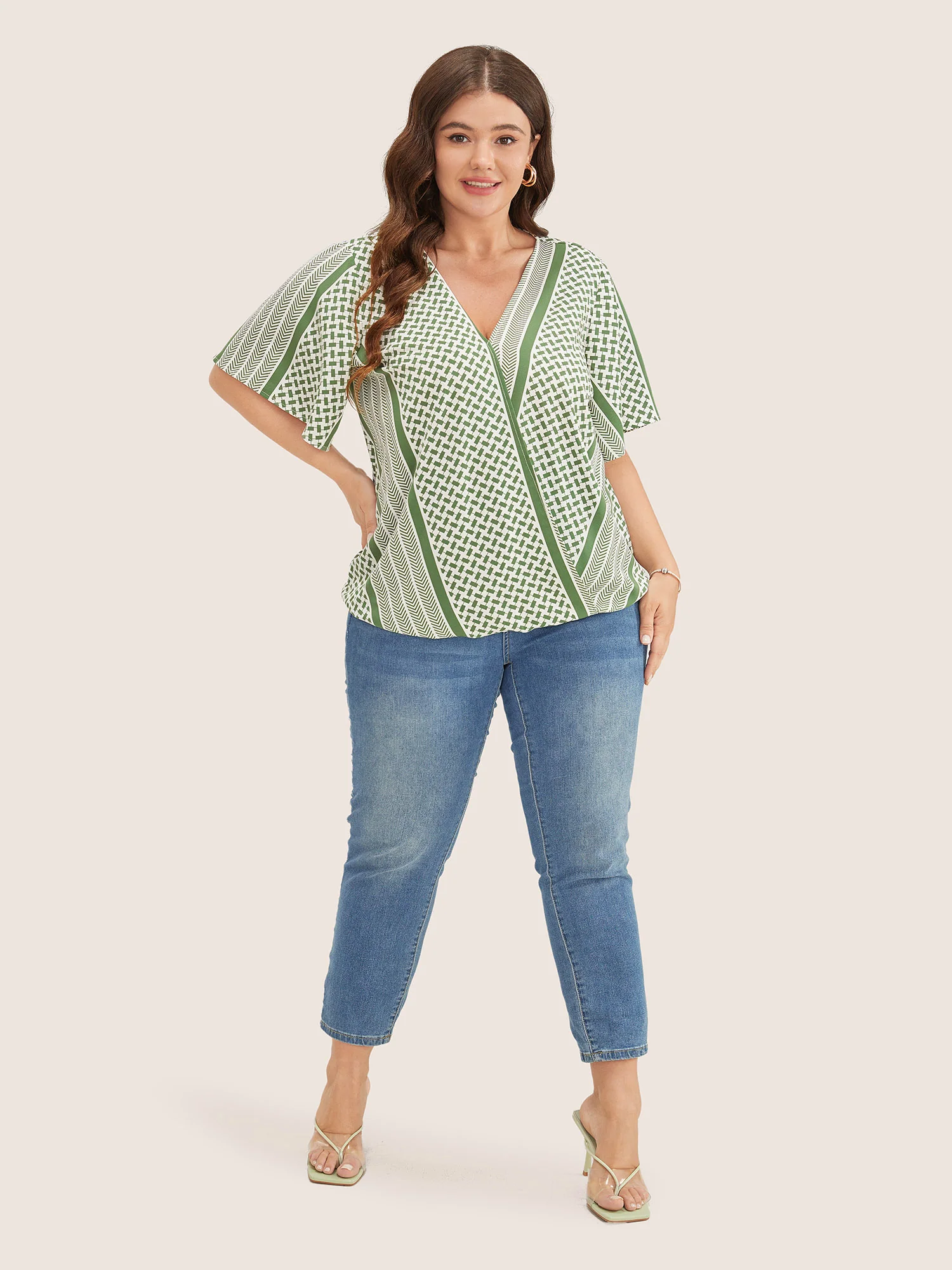 Geometric Contrast Ruffle Sleeve Wrap Blouse - Image 9