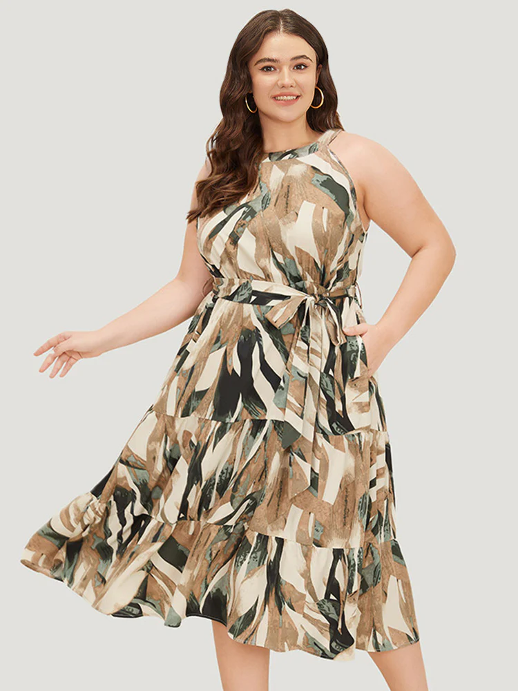 Geometric Contrast Ruffles Layered Pocket Belt Knot Halter Dress - Image 2