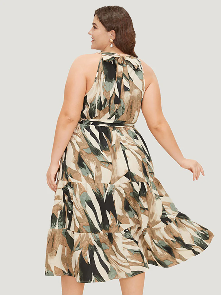 Geometric Contrast Ruffles Layered Pocket Belt Knot Halter Dress - Image 5