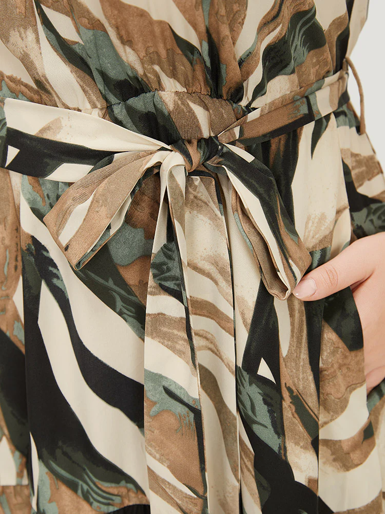 Geometric Contrast Ruffles Layered Pocket Belt Knot Halter Dress - Image 7