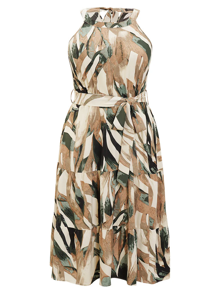 Geometric Contrast Ruffles Layered Pocket Belt Knot Halter Dress - Image 8