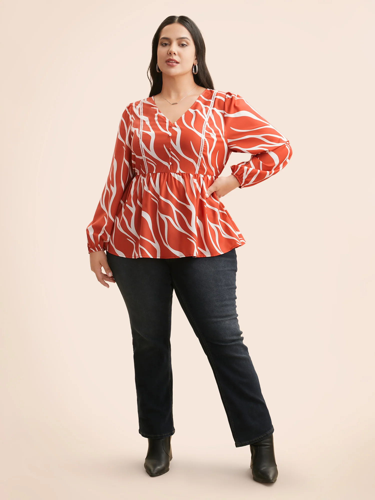 Geometric Contrast Webbing Button Detail Blouse - Image 2