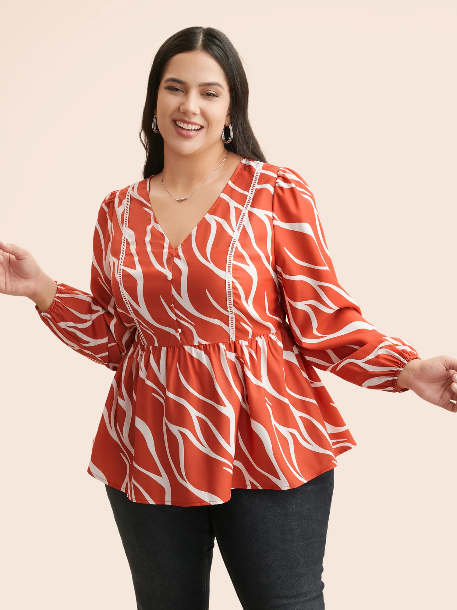 Geometric Contrast Webbing Button Detail Blouse - Image 4