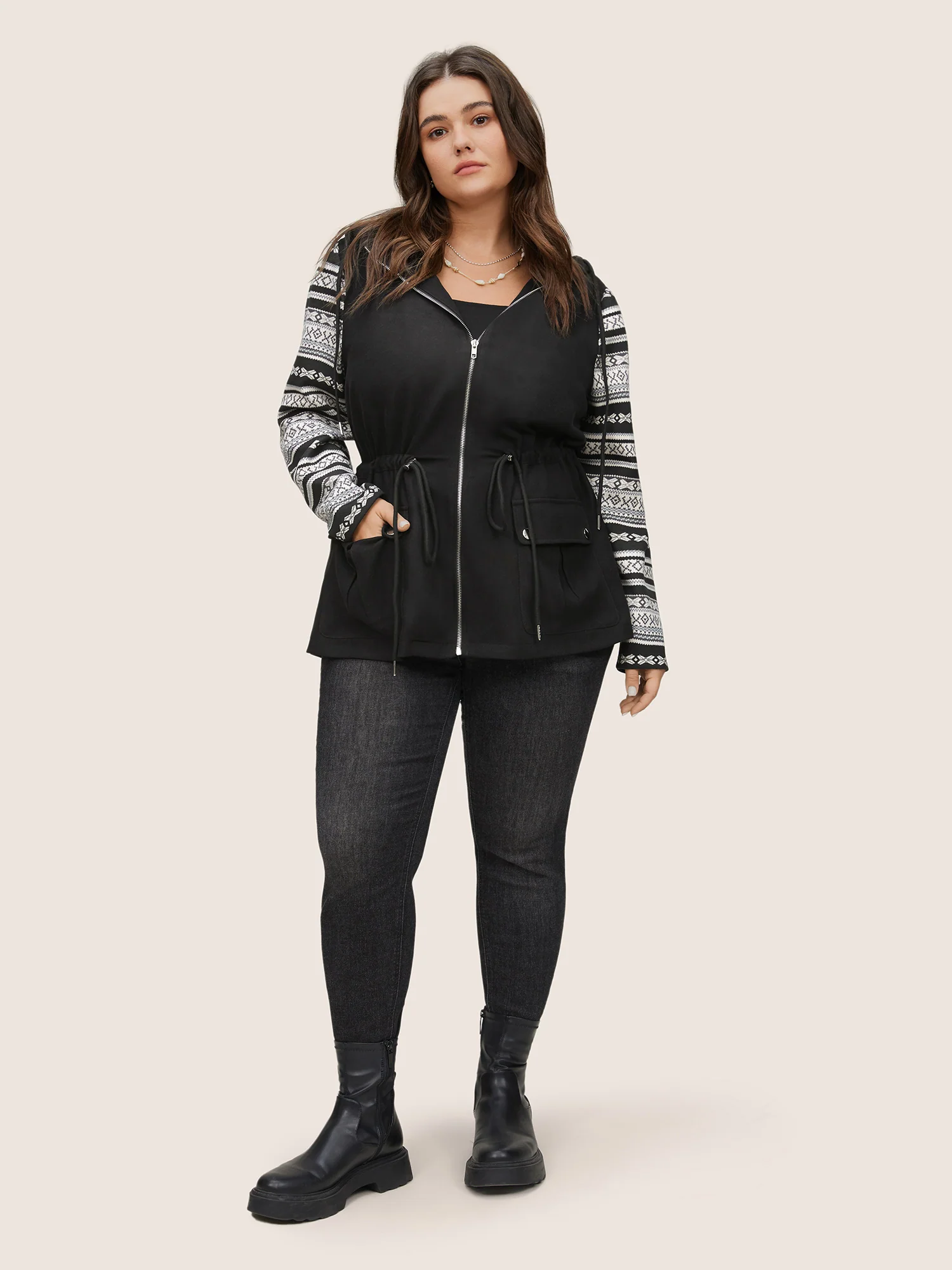 Geometric Drawstring Patchwork Hooded Jacket - Image 2