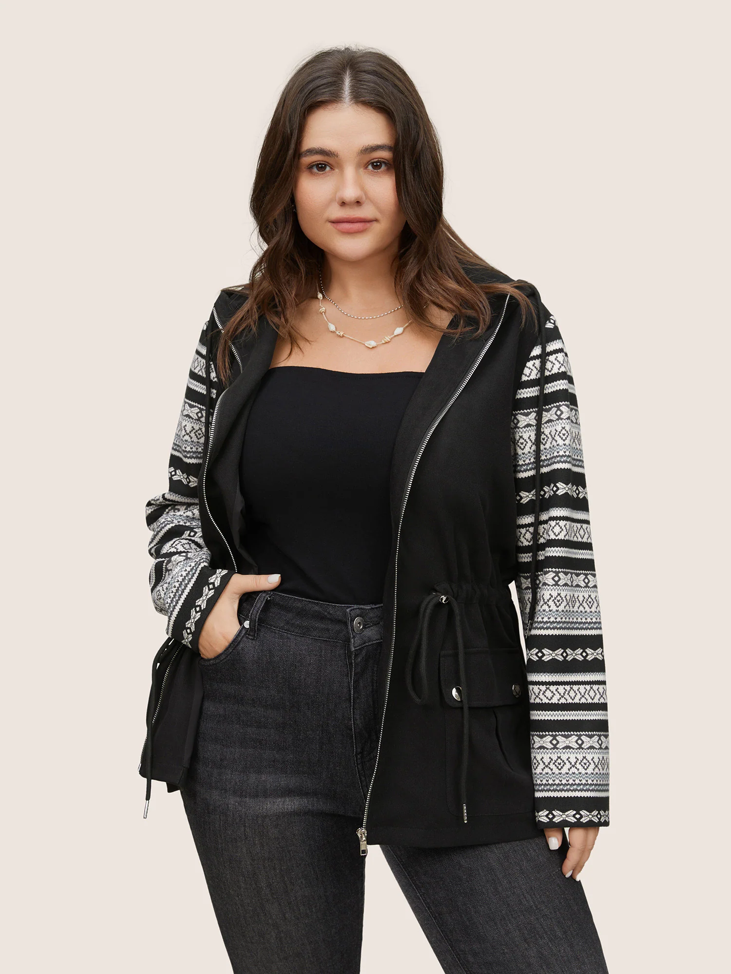 Geometric Drawstring Patchwork Hooded Jacket - Image 4