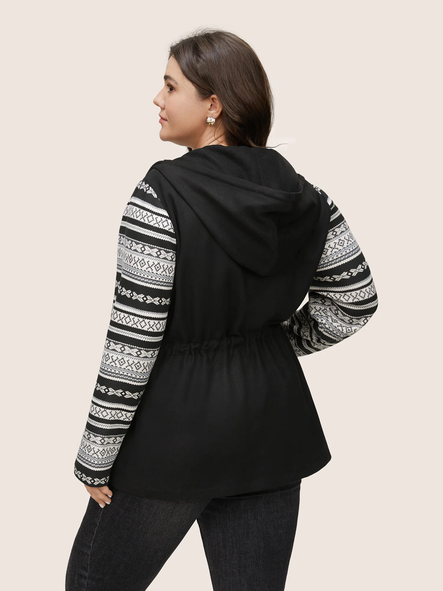 Geometric Drawstring Patchwork Hooded Jacket - Image 5
