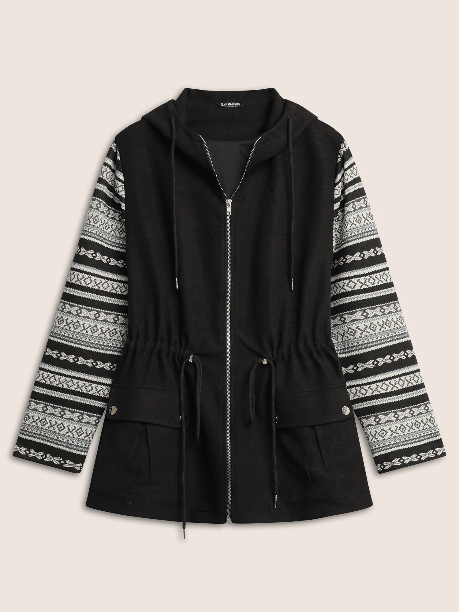 Geometric Drawstring Patchwork Hooded Jacket - Image 8