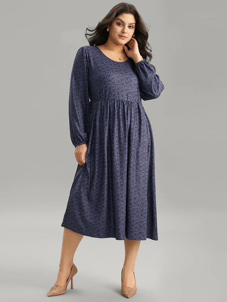 Geometric Elastic Waist Pocket Gathered Dress - Image 2