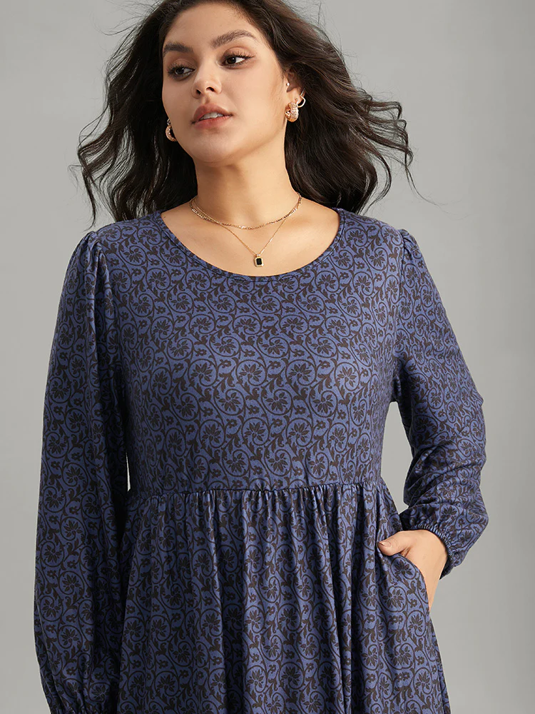 Geometric Elastic Waist Pocket Gathered Dress - Image 3