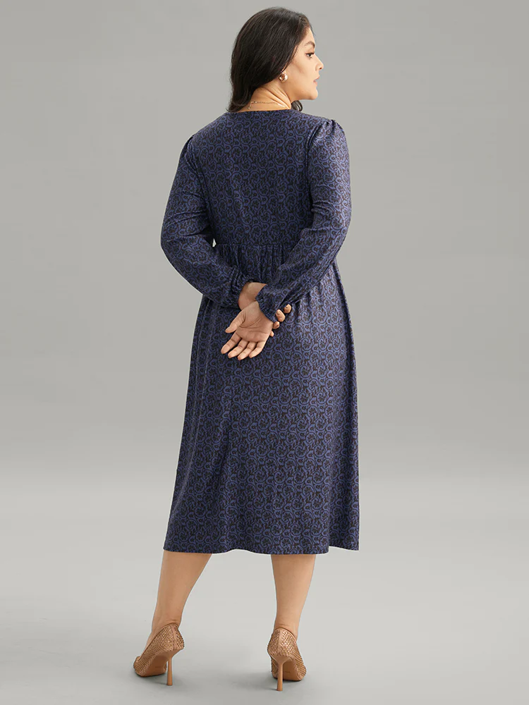 Geometric Elastic Waist Pocket Gathered Dress - Image 4