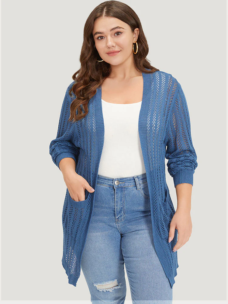 Geometric Eyelet Patched Pocket Elastic Cuffs Cardigan - Image 2