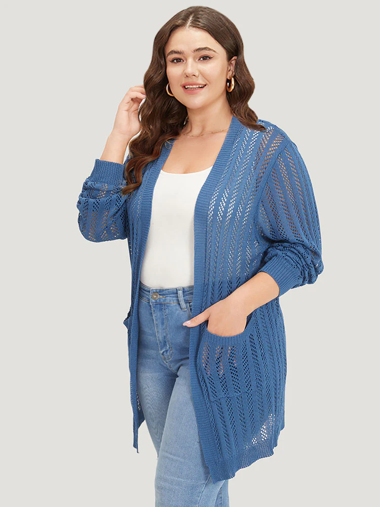 Geometric Eyelet Patched Pocket Elastic Cuffs Cardigan - Image 3