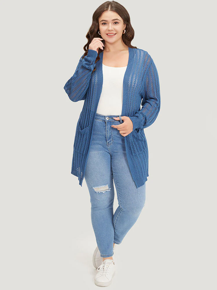 Geometric Eyelet Patched Pocket Elastic Cuffs Cardigan - Image 4