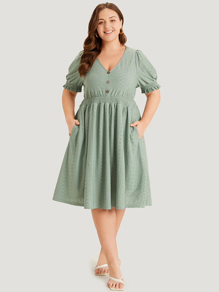 Geometric Eyelet Pocket Button Detail Shirred Dress - Image 2