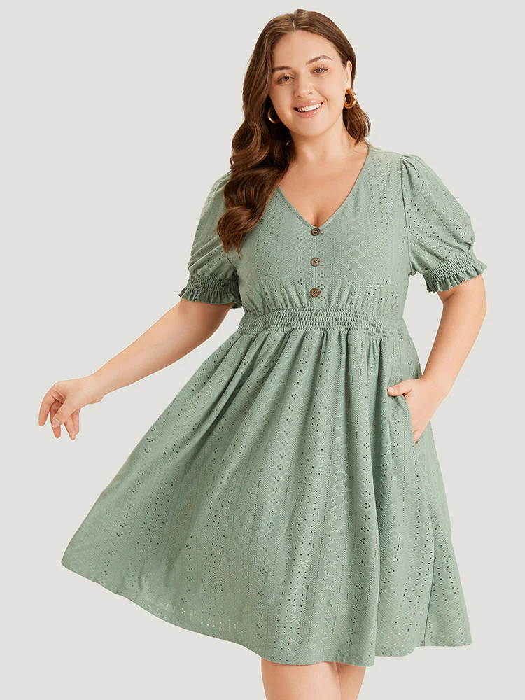 Geometric Eyelet Pocket Button Detail Shirred Dress - Image 3