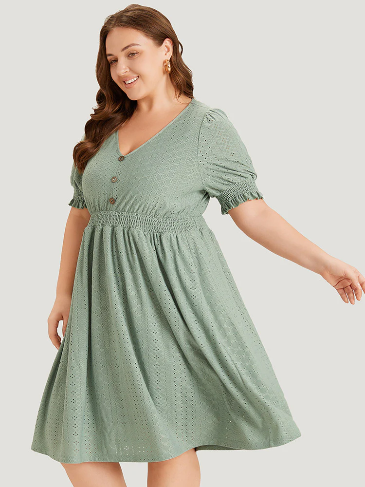 Geometric Eyelet Pocket Button Detail Shirred Dress - Image 4