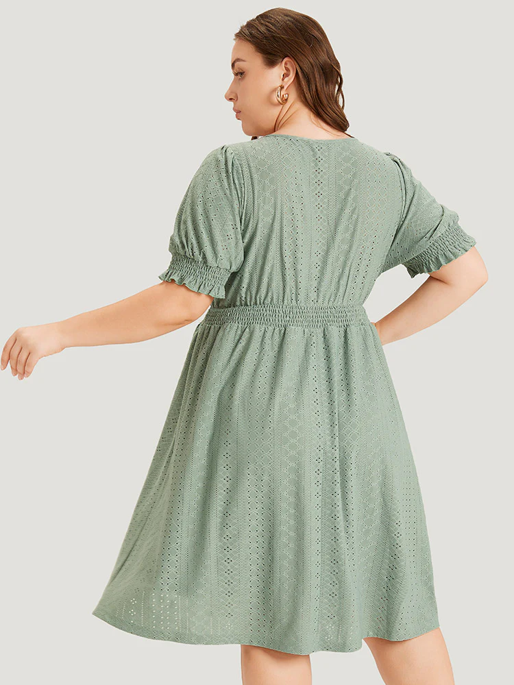 Geometric Eyelet Pocket Button Detail Shirred Dress - Image 5