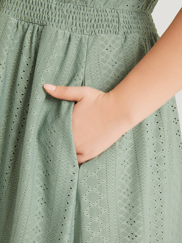 Geometric Eyelet Pocket Button Detail Shirred Dress - Image 8